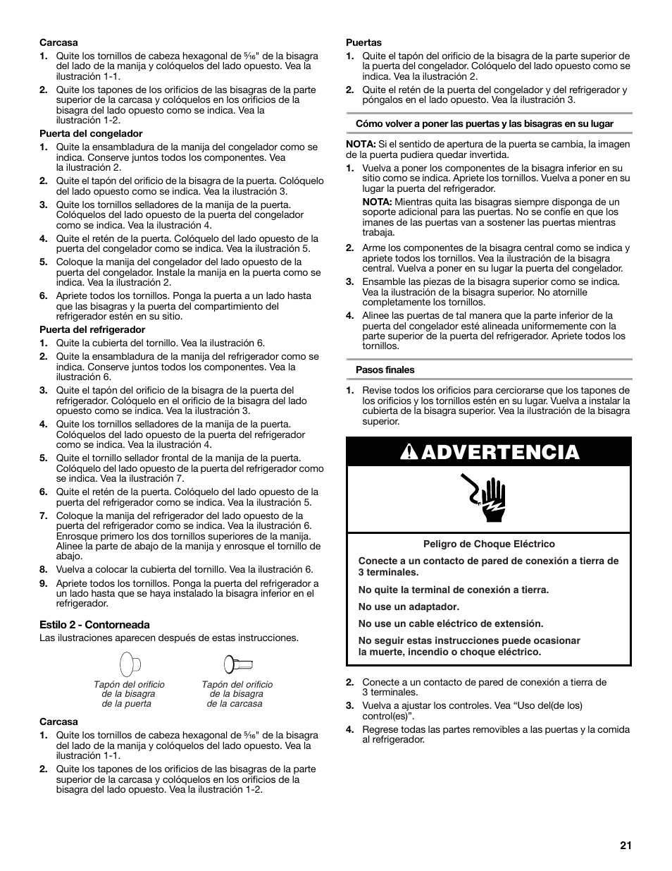 Advertencia | Amana W10211609A User Manual | Page 21 / 48