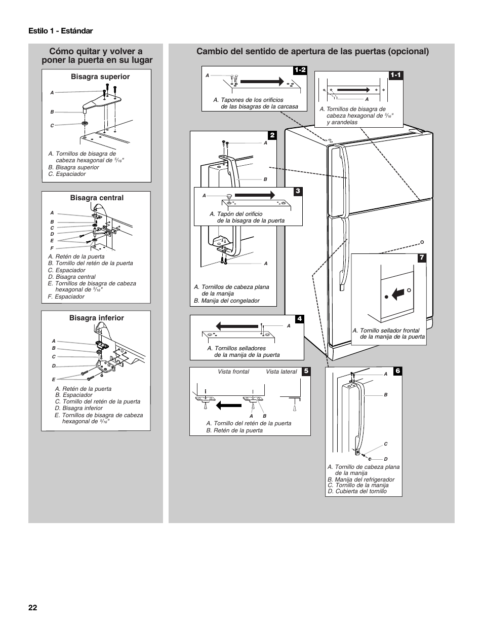 Cómo quitar y volver a poner la puerta en su lugar, 22 estilo 1 - estándar | Amana W10211609A User Manual | Page 22 / 48
