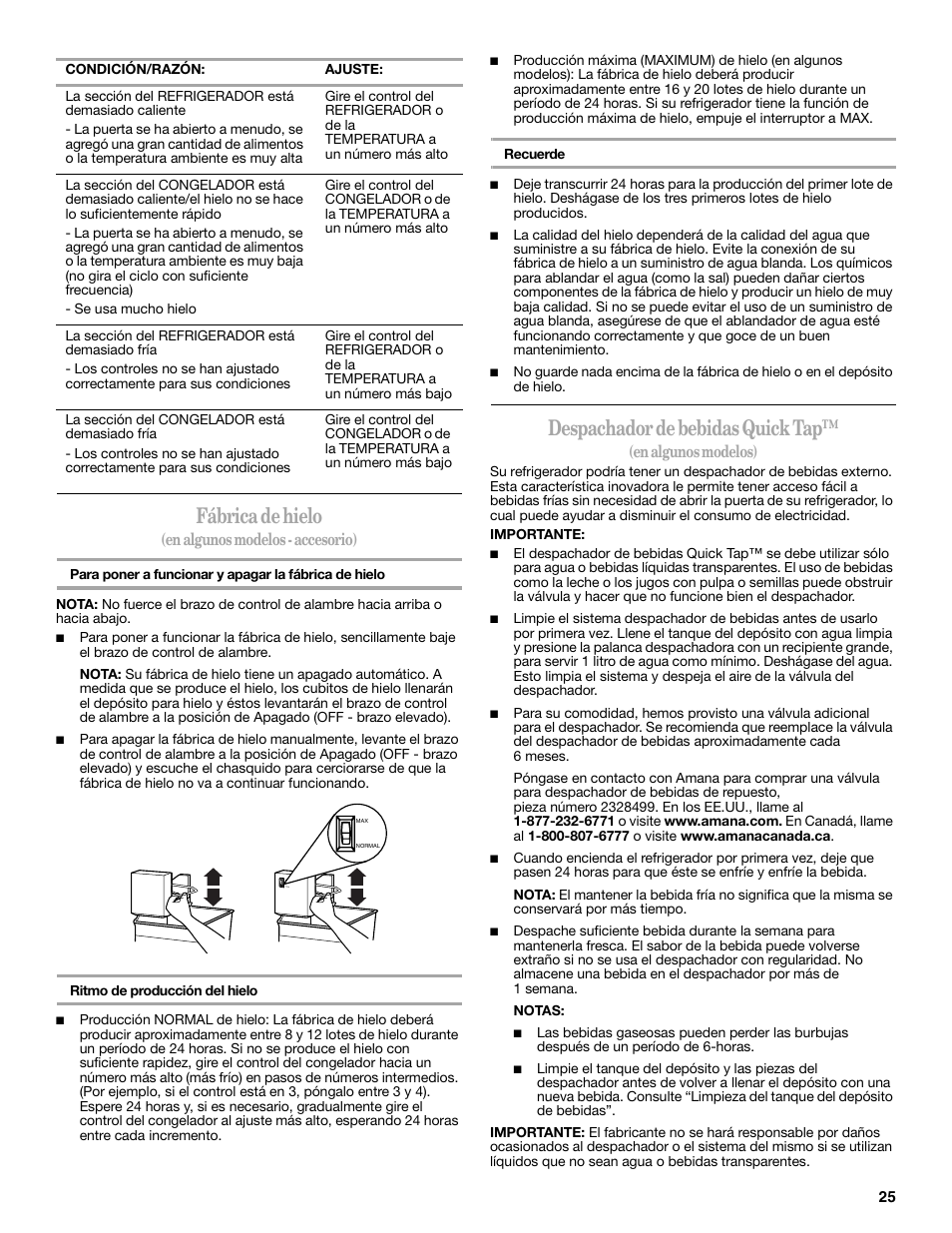 Fábrica de hielo, Despachador de bebidas quick tap, En algunos modelos - accesorio) | En algunos modelos) | Amana W10211609A User Manual | Page 25 / 48