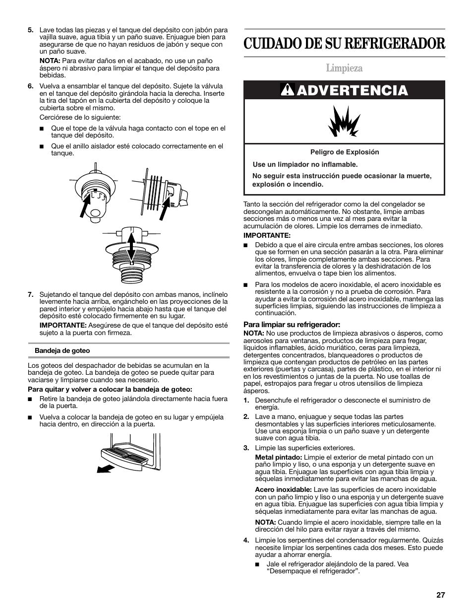 Cuidado de su refrigerador, Advertencia, Limpieza | Amana W10211609A User Manual | Page 27 / 48