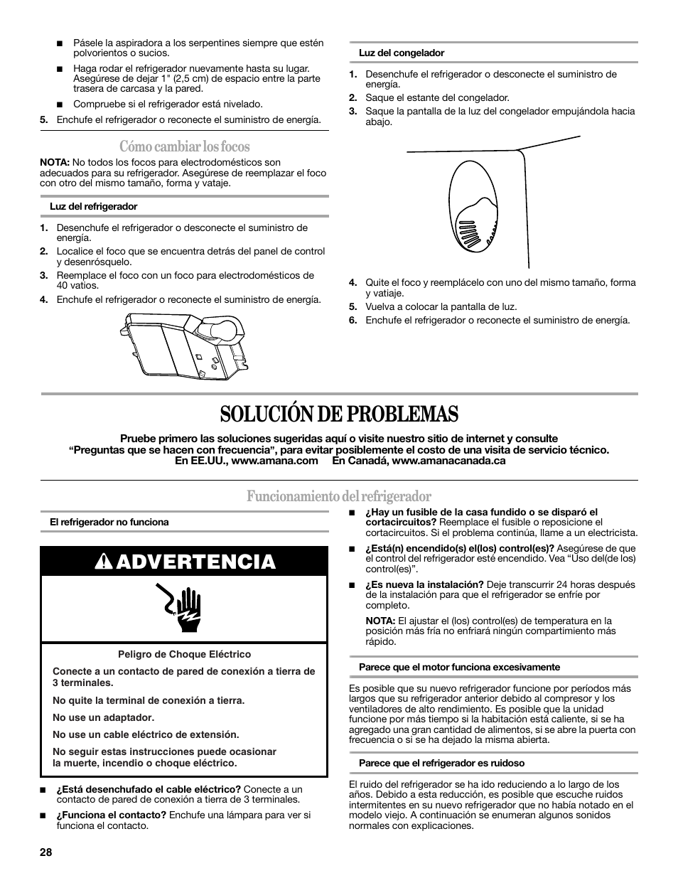 Solución de problemas, Advertencia, Cómo cambiar los focos | Funcionamiento del refrigerador | Amana W10211609A User Manual | Page 28 / 48