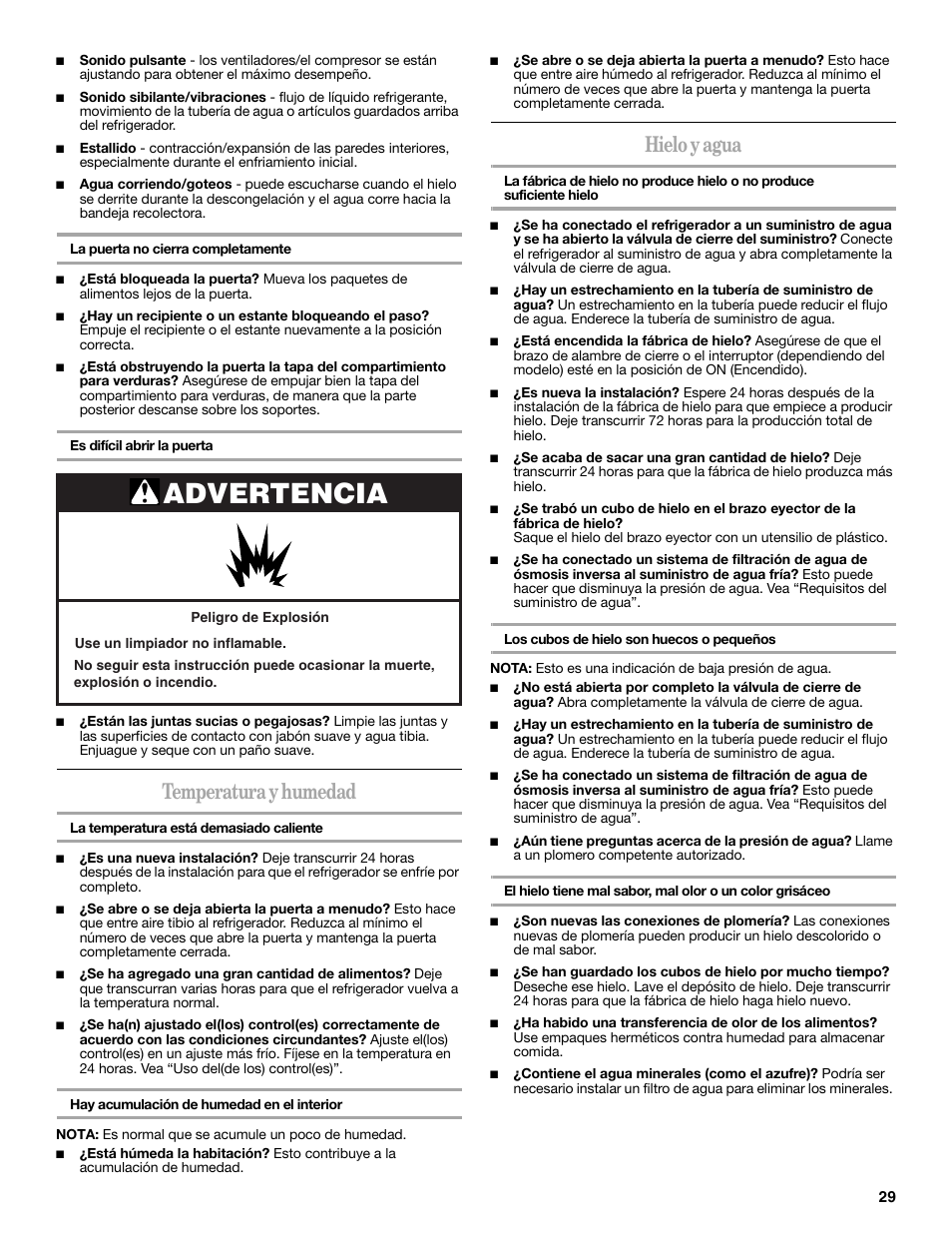 Advertencia, Temperatura y humedad, Hielo y agua | Amana W10211609A User Manual | Page 29 / 48