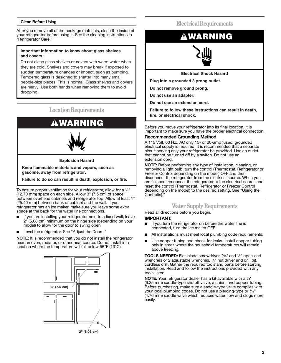 Warning, Location requirements, Electrical requirements | Water supply requirements | Amana W10211609A User Manual | Page 3 / 48