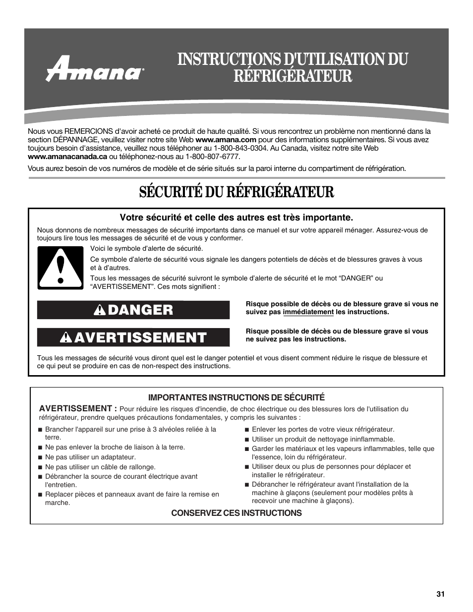 Instructions d'utilisation du réfrigérateur, Sécurité du réfrigérateur, Avertissement danger | Amana W10211609A User Manual | Page 31 / 48