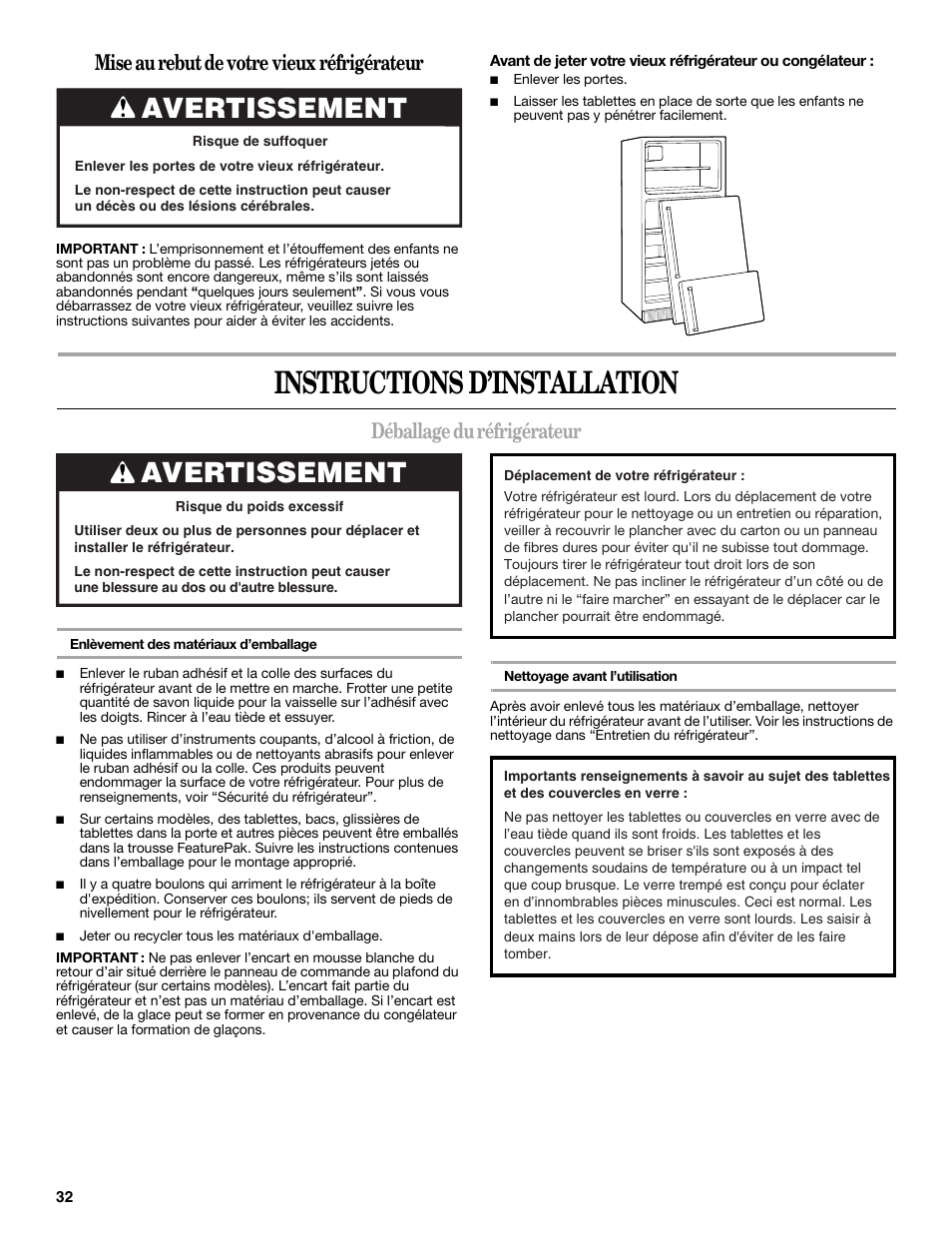 Instructions d’installation, Avertissement, Mise au rebut de votre vieux réfrigérateur | Déballage du réfrigérateur | Amana W10211609A User Manual | Page 32 / 48