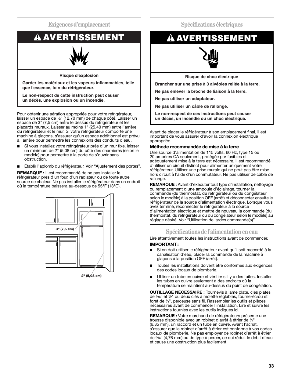 Avertissement, Exigences d’emplacement, Spécifications électriques | Spécifications de l’alimentation en eau | Amana W10211609A User Manual | Page 33 / 48