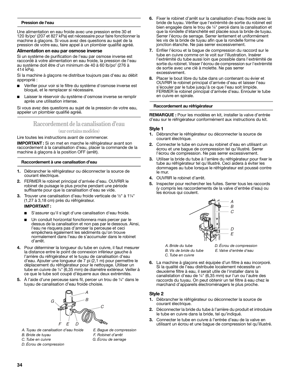 Raccordement de la canalisation d’eau | Amana W10211609A User Manual | Page 34 / 48