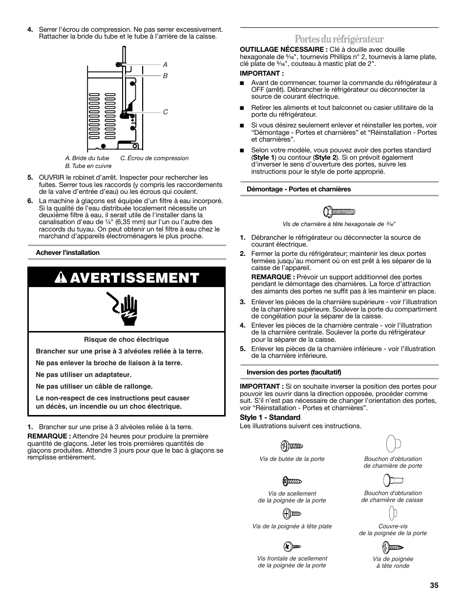 Avertissement, Portes du réfrigérateur | Amana W10211609A User Manual | Page 35 / 48