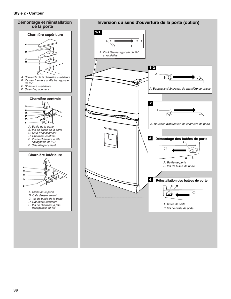 Inversion du sens d'ouverture de la porte (option), Démontage et réinstallation de la porte | Amana W10211609A User Manual | Page 38 / 48