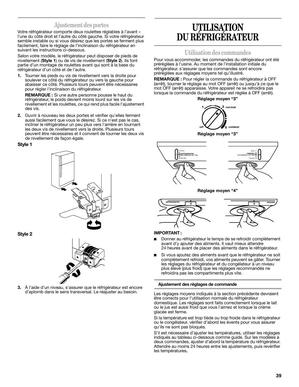 Utilisation du réfrigérateur, Ajustement des portes, Utilisation des commandes | Amana W10211609A User Manual | Page 39 / 48
