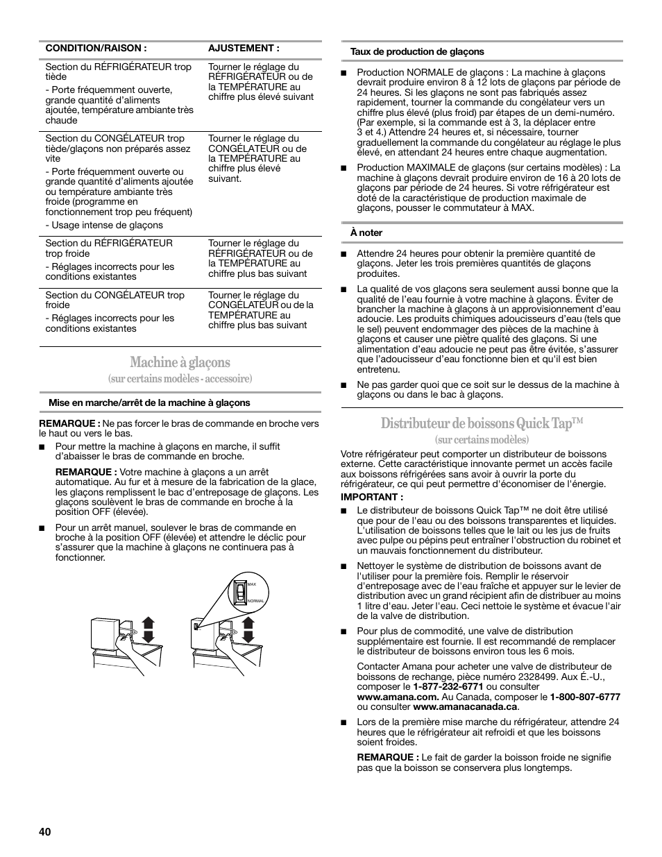 Machine à glaçons, Distributeur de boissons quick tap, Sur certains modèles - accessoire) | Sur certains modèles) | Amana W10211609A User Manual | Page 40 / 48