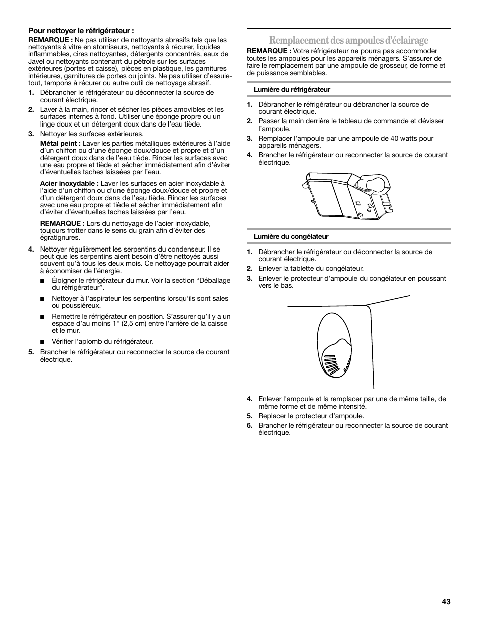Remplacement des ampoules d’éclairage | Amana W10211609A User Manual | Page 43 / 48