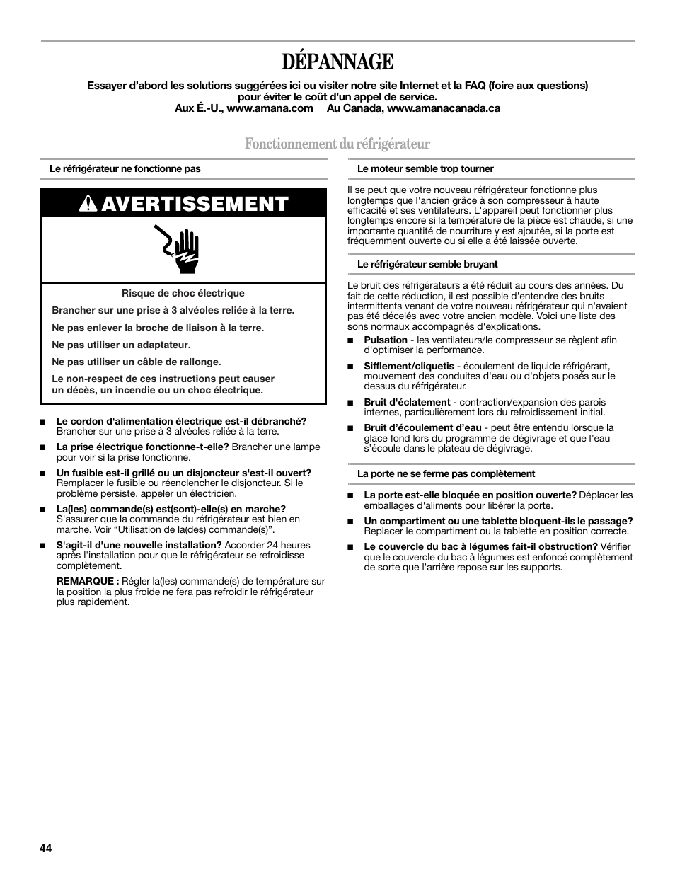 Dépannage, Avertissement, Fonctionnement du réfrigérateur | Amana W10211609A User Manual | Page 44 / 48