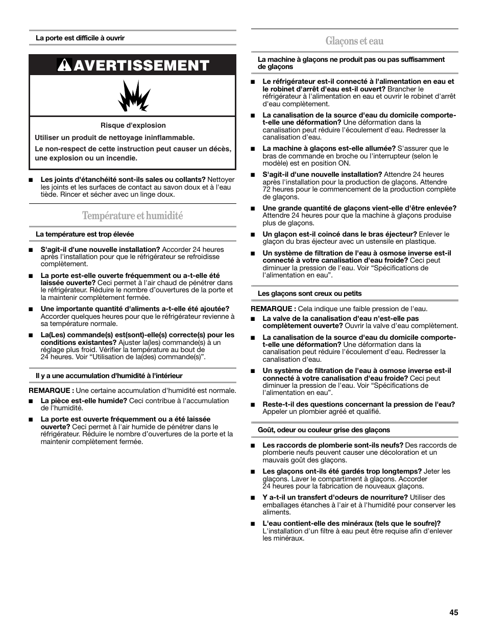 Avertissement, Température et humidité, Glaçons et eau | Amana W10211609A User Manual | Page 45 / 48