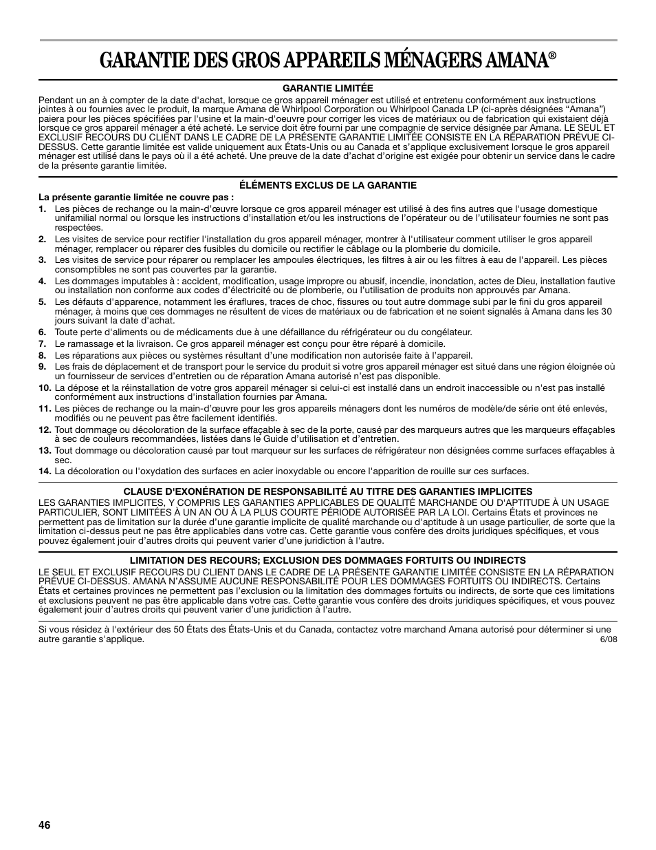 Garantie des gros appareils ménagers amana | Amana W10211609A User Manual | Page 46 / 48