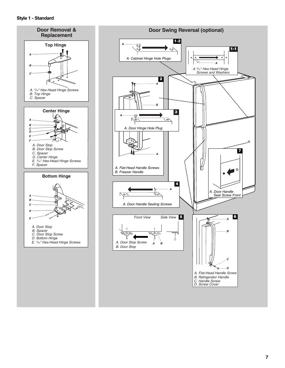 Door removal & replacement, Door swing reversal (optional), 7style 1 - standard | Top hinge bottom hinge, Center hinge | Amana W10211609A User Manual | Page 7 / 48