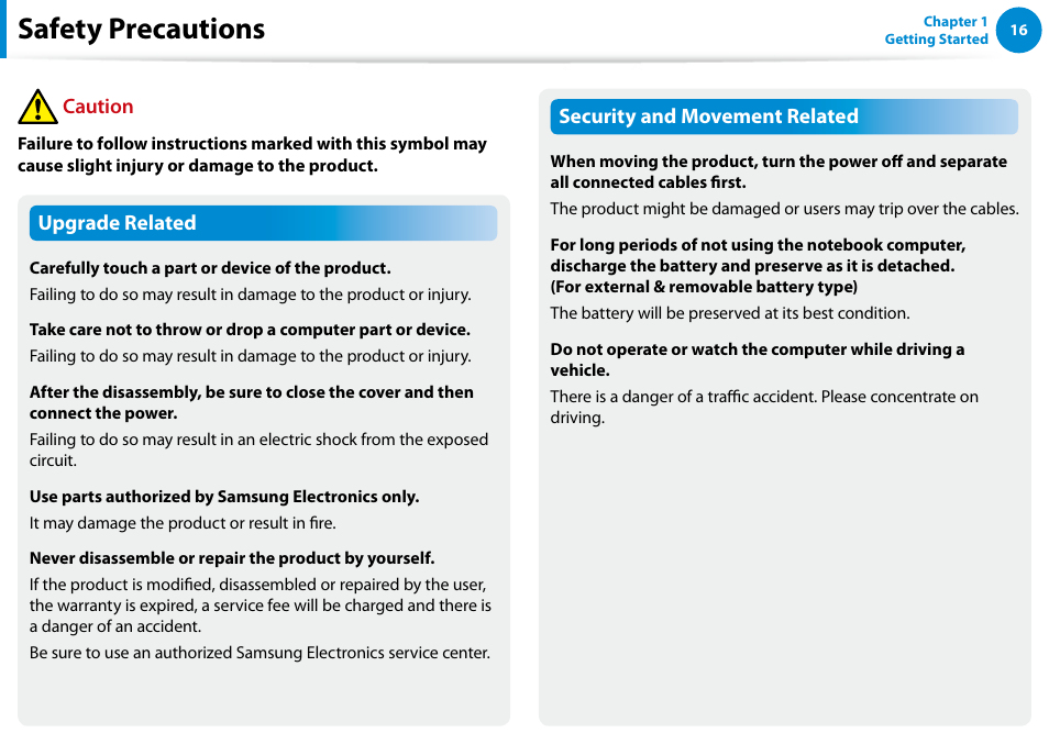 Safety precautions | Samsung DP300A2A-A01US User Manual | Page 17 / 126