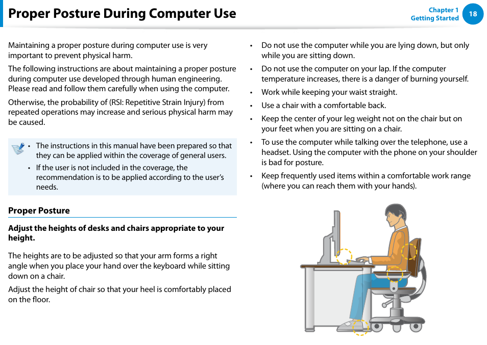 Proper posture during computer use | Samsung DP300A2A-A01US User Manual | Page 19 / 126