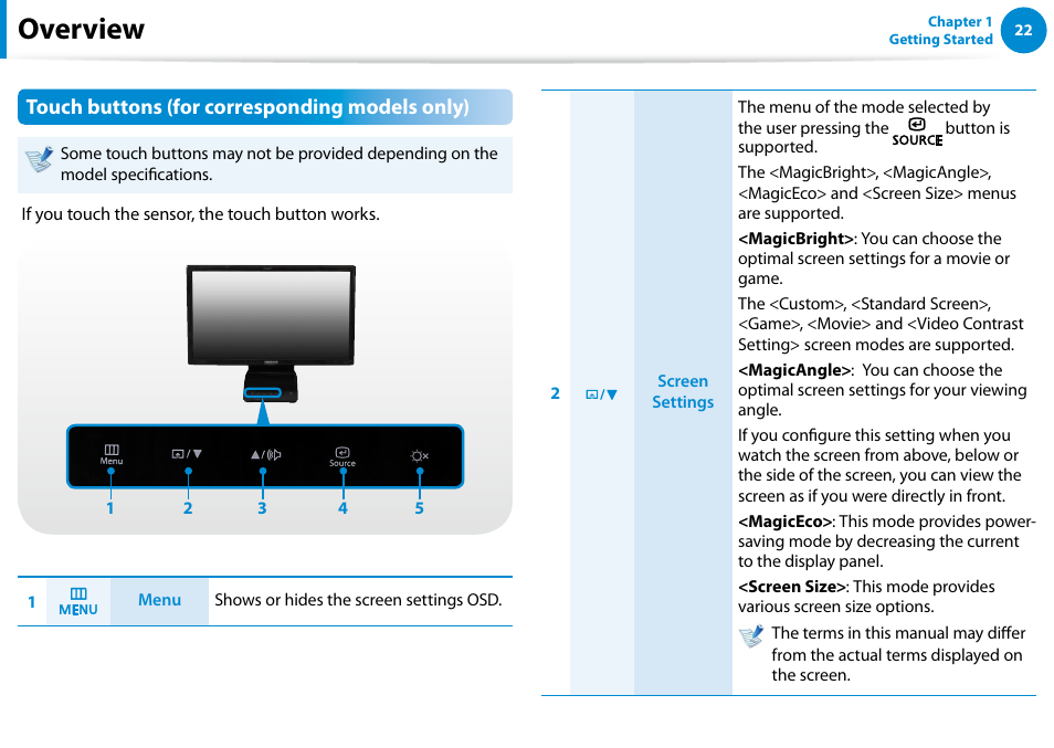 Overview, Touch buttons (for corresponding models only) | Samsung DP300A2A-A01US User Manual | Page 23 / 126