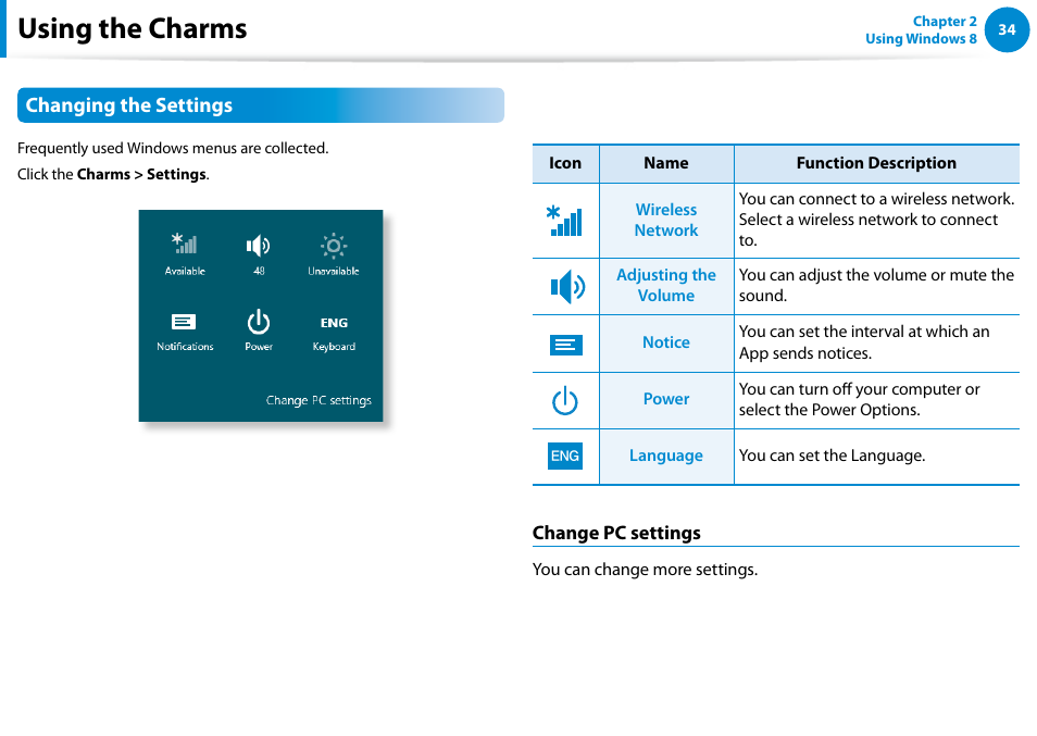 Using the charms, Changing the settings | Samsung DP300A2A-A01US User Manual | Page 35 / 126
