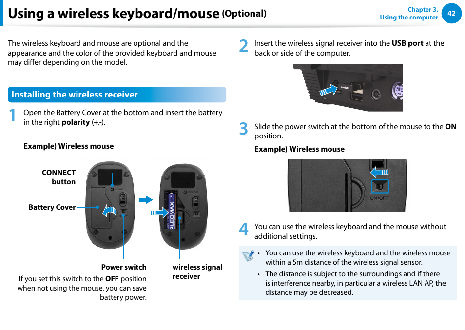 Using a wireless keyboard/mouse (optional), Using a wireless keyboard/mouse | Samsung DP300A2A-A01US User Manual | Page 43 / 126