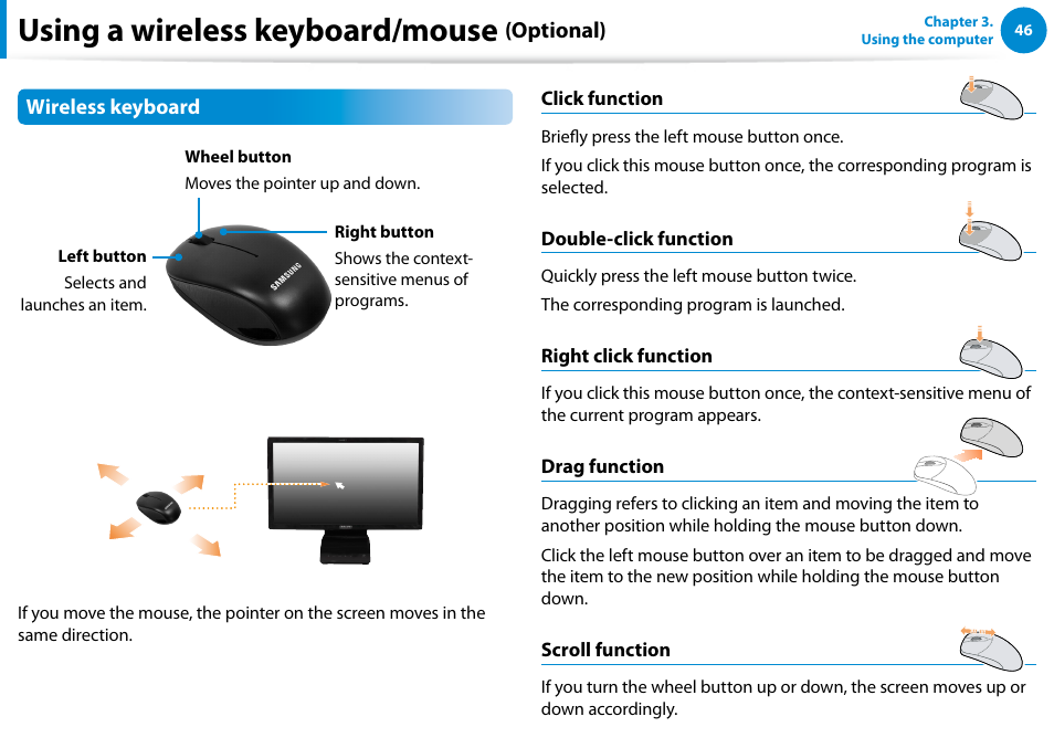 Using a wireless keyboard/mouse, Optional) | Samsung DP300A2A-A01US User Manual | Page 47 / 126