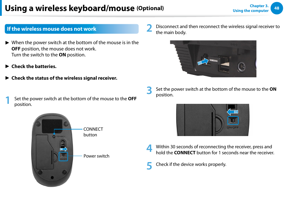 Using a wireless keyboard/mouse | Samsung DP300A2A-A01US User Manual | Page 49 / 126