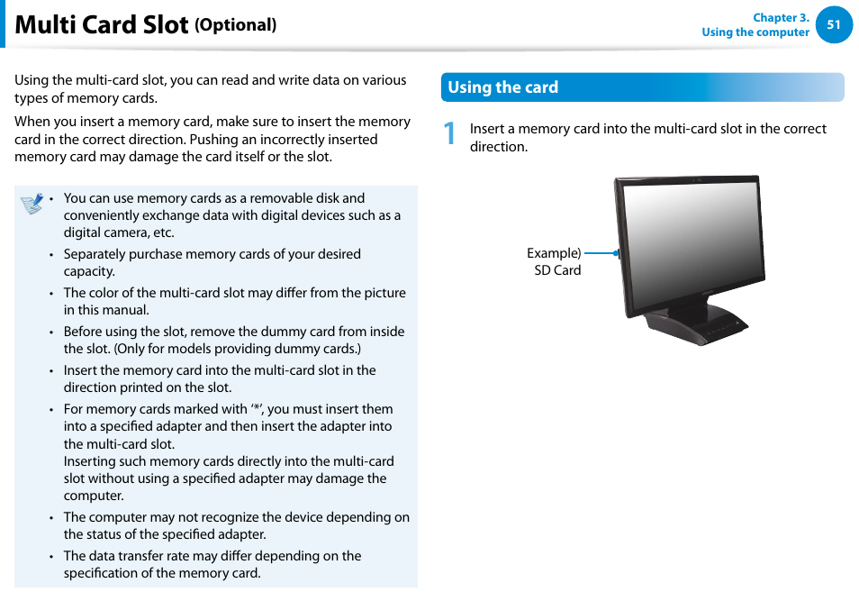 Multi card slot (optional), Multi card slot, Optional) | Samsung DP300A2A-A01US User Manual | Page 52 / 126