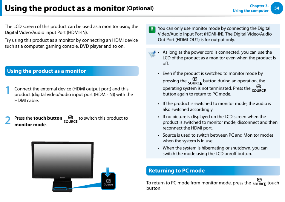 Using the product as a monitor (optional), Using the product as a monitor | Samsung DP300A2A-A01US User Manual | Page 55 / 126