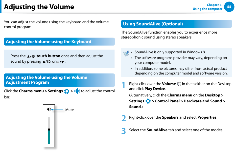 Adjusting the volume | Samsung DP300A2A-A01US User Manual | Page 56 / 126