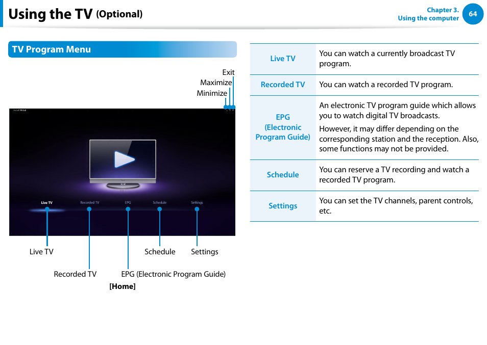 Using the tv, Optional) | Samsung DP300A2A-A01US User Manual | Page 65 / 126