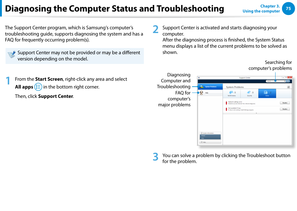 Diagnosing the computer status and troubleshooting, Diagnosing the computer status and, Troubleshooting | Samsung DP300A2A-A01US User Manual | Page 76 / 126