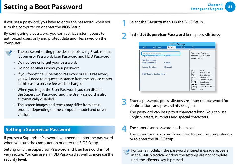 Setting a boot password, Setting a supervisor password | Samsung DP300A2A-A01US User Manual | Page 82 / 126