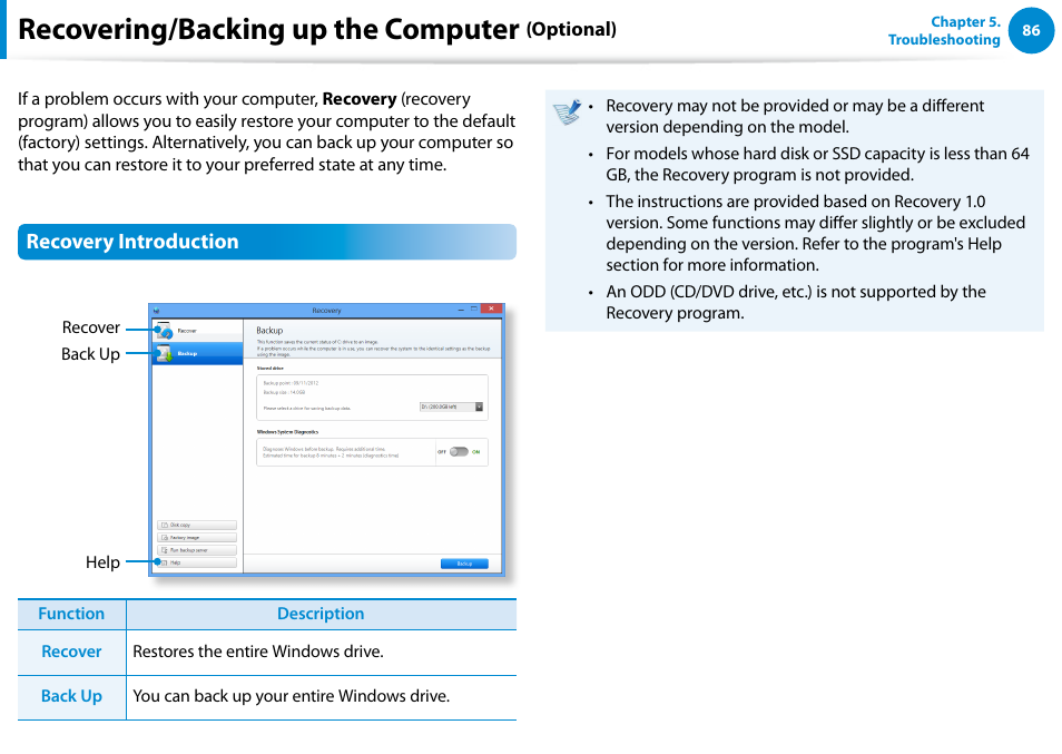 Recovering/backing up the computer (optional), Recovering/backing up the computer (optional) 86, Recovering/backing up the computer | Samsung DP300A2A-A01US User Manual | Page 87 / 126