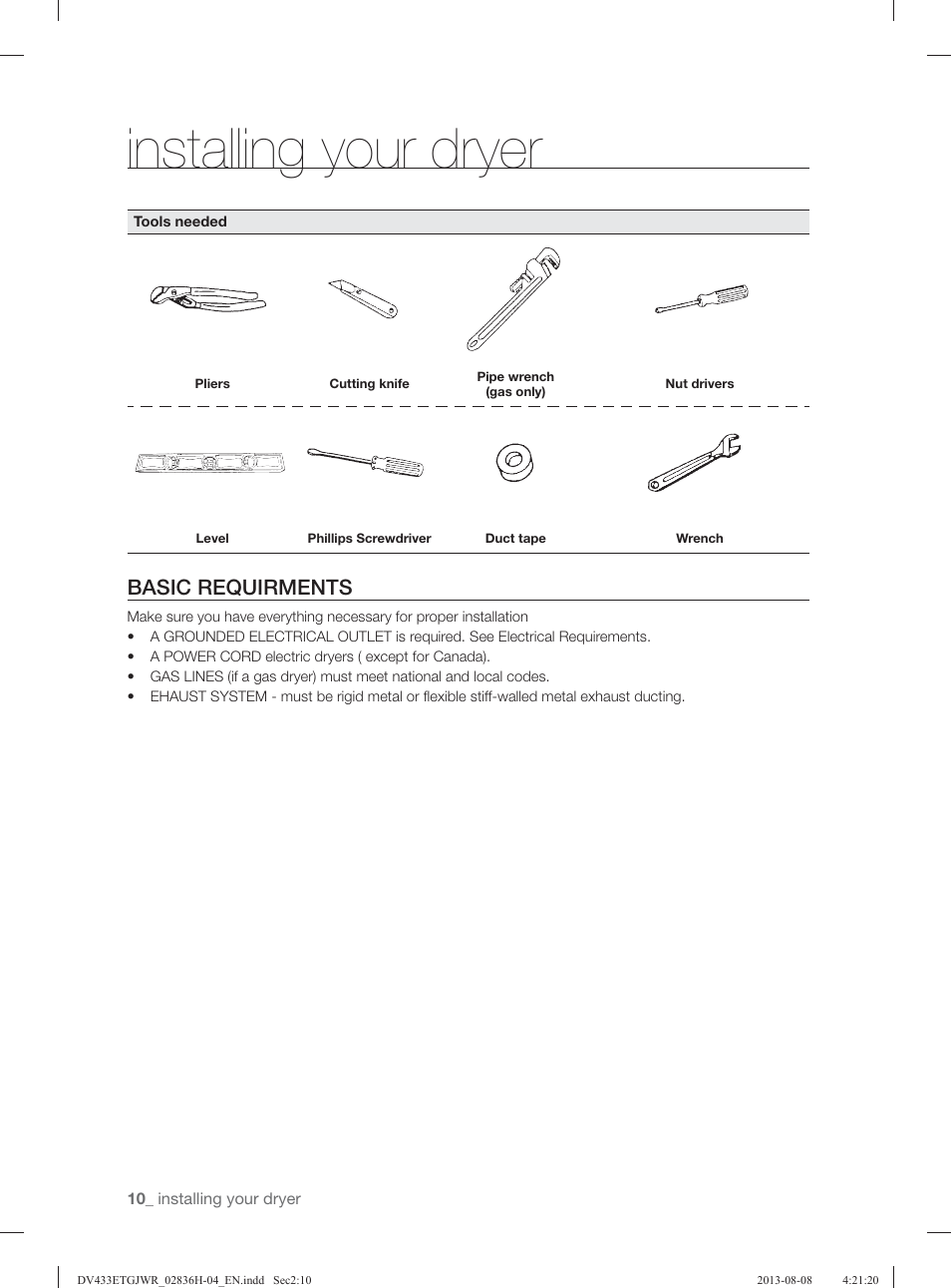 Installing your dryer, Basic requirments | Samsung DV433ETGJWR-A1 User Manual | Page 10 / 144