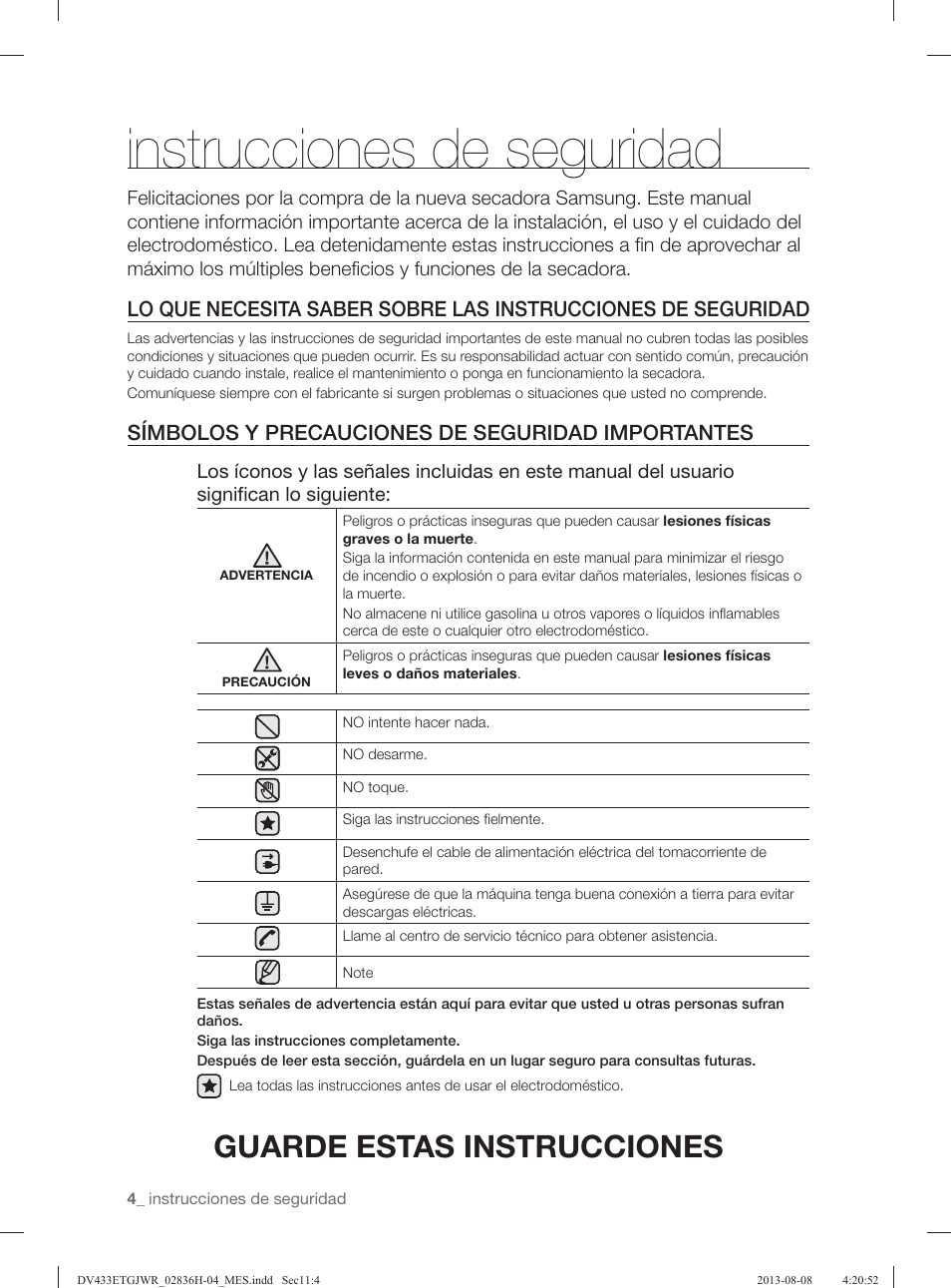 Instrucciones de seguridad, Guarde estas instrucciones, Símbolos y precauciones de seguridad importantes | Samsung DV433ETGJWR-A1 User Manual | Page 100 / 144