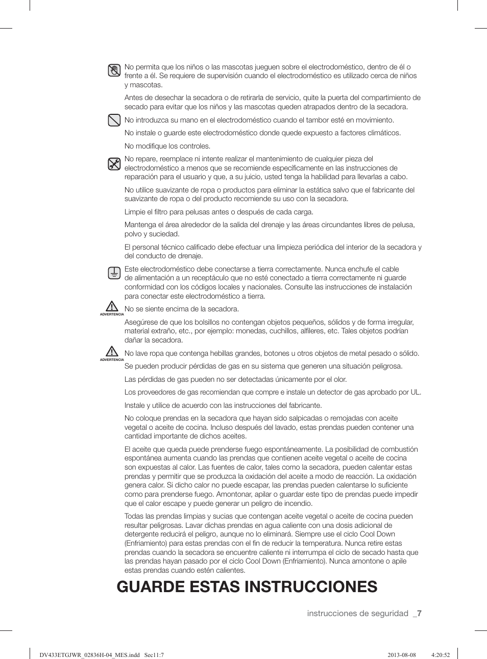 Guarde estas instrucciones | Samsung DV433ETGJWR-A1 User Manual | Page 103 / 144
