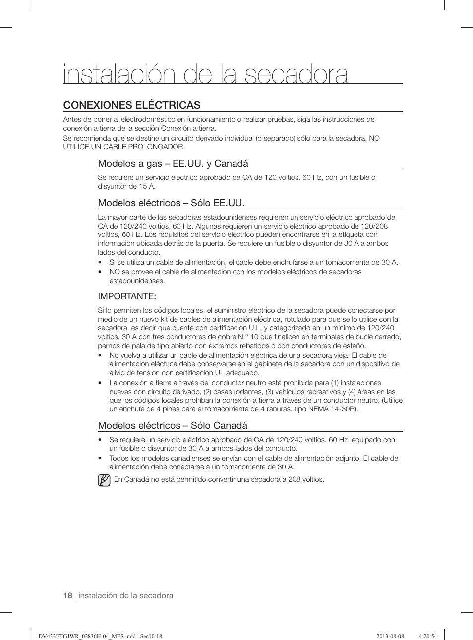 Instalación de la secadora, Conexiones eléctricas | Samsung DV433ETGJWR-A1 User Manual | Page 114 / 144