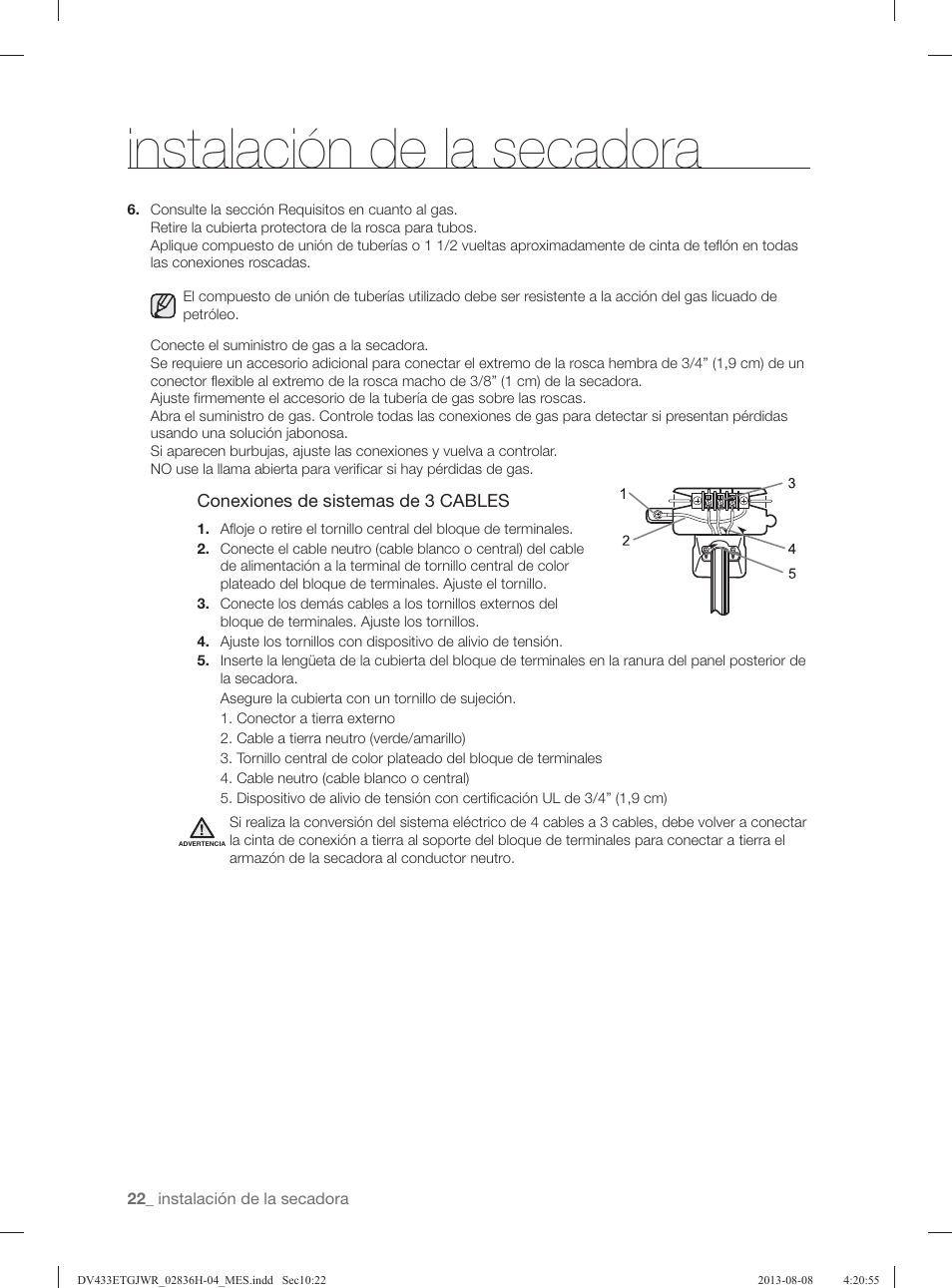Instalación de la secadora | Samsung DV433ETGJWR-A1 User Manual | Page 118 / 144