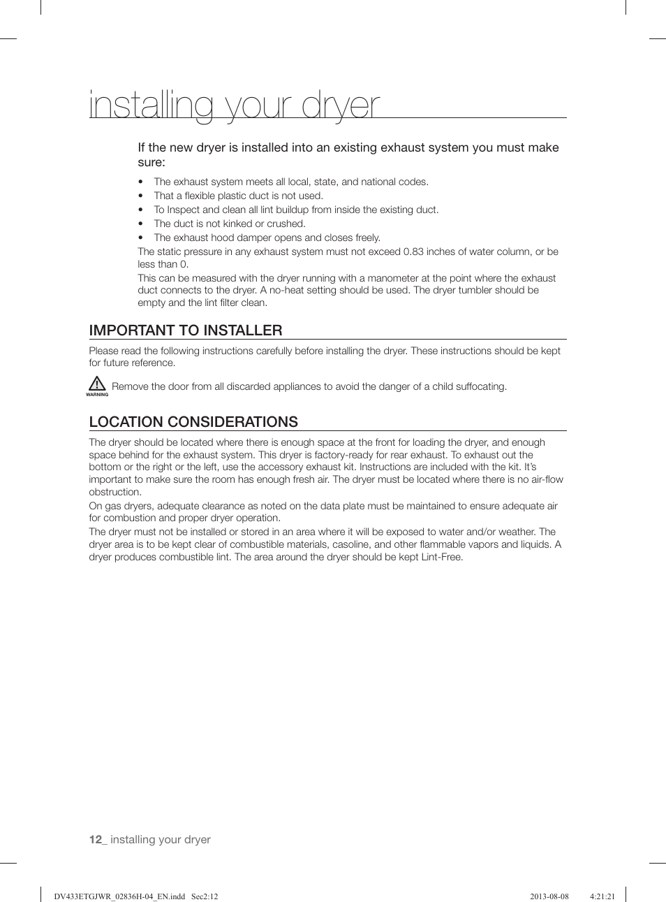 Installing your dryer, Important to installer, Location considerations | Samsung DV433ETGJWR-A1 User Manual | Page 12 / 144