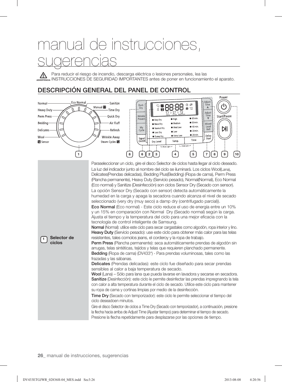 Manual de instrucciones, sugerencias, Descripción general del panel de control | Samsung DV433ETGJWR-A1 User Manual | Page 122 / 144