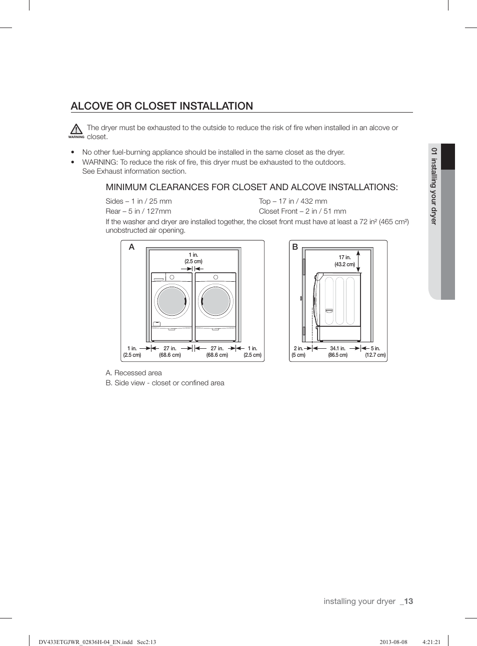 Alcove or closet installation | Samsung DV433ETGJWR-A1 User Manual | Page 13 / 144