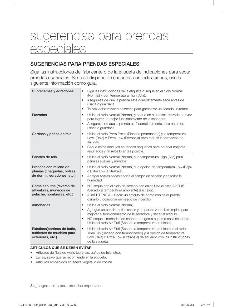 Sugerencias para prendas especiales | Samsung DV433ETGJWR-A1 User Manual | Page 130 / 144