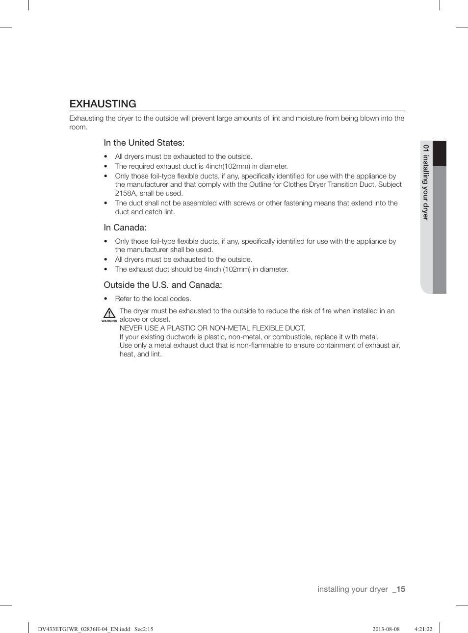 Exhausting | Samsung DV433ETGJWR-A1 User Manual | Page 15 / 144