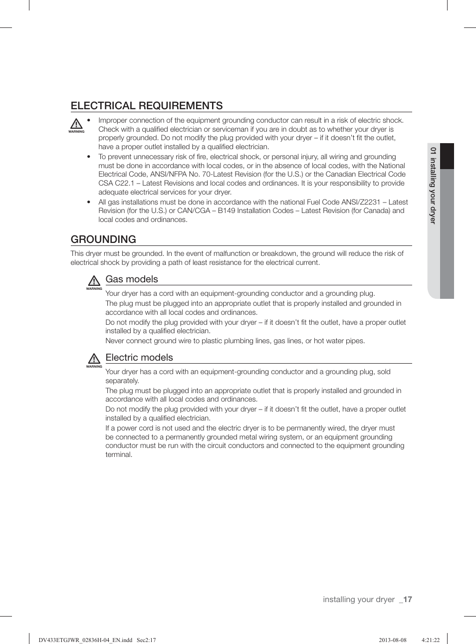 Electrical requirements, Grounding, Gas models | Electric models | Samsung DV433ETGJWR-A1 User Manual | Page 17 / 144