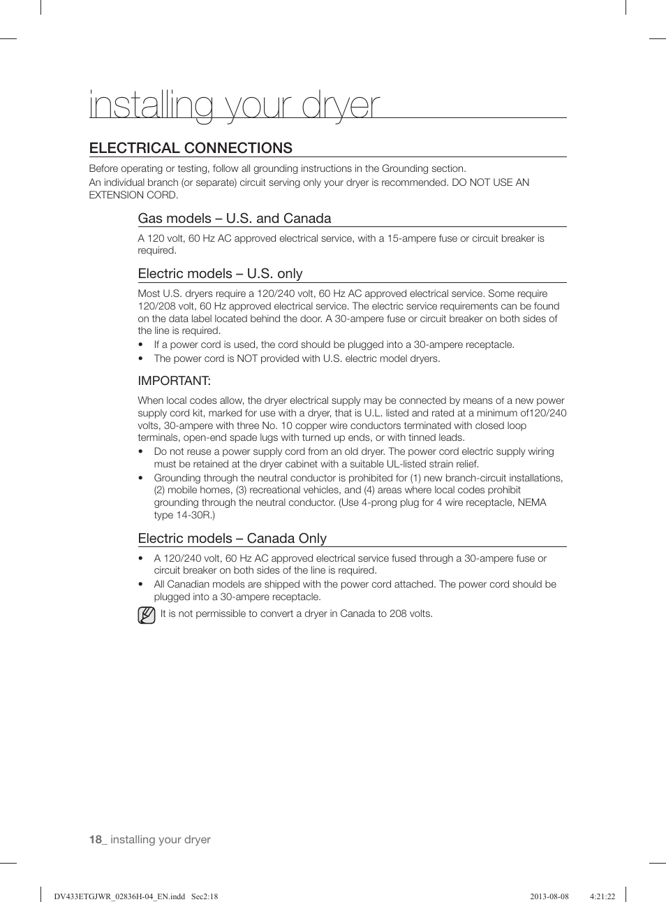 Installing your dryer, Electrical connections | Samsung DV433ETGJWR-A1 User Manual | Page 18 / 144