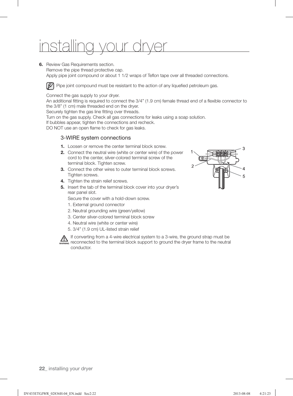 Installing your dryer | Samsung DV433ETGJWR-A1 User Manual | Page 22 / 144
