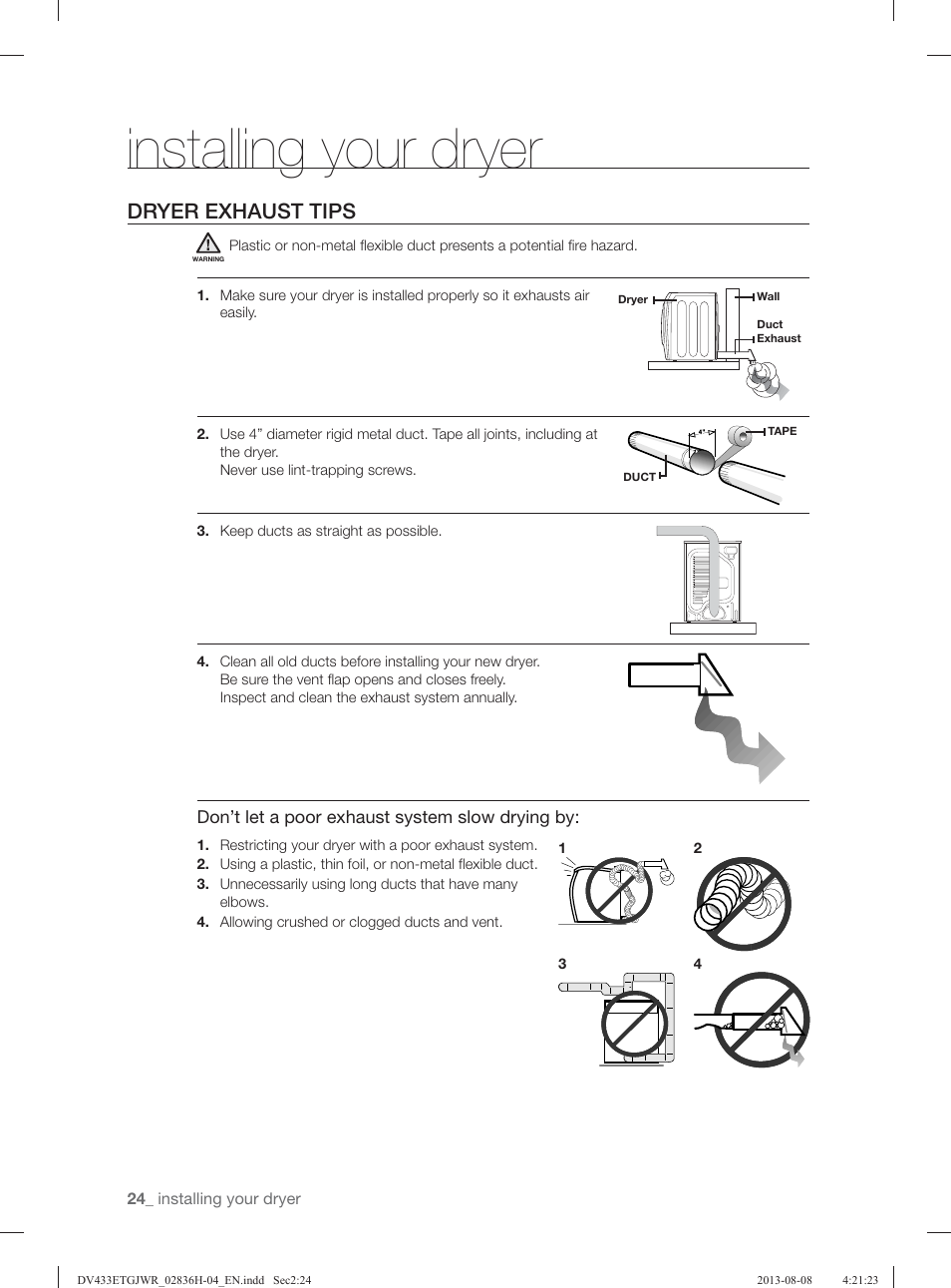 Installing your dryer, Dryer exhaust tips | Samsung DV433ETGJWR-A1 User Manual | Page 24 / 144