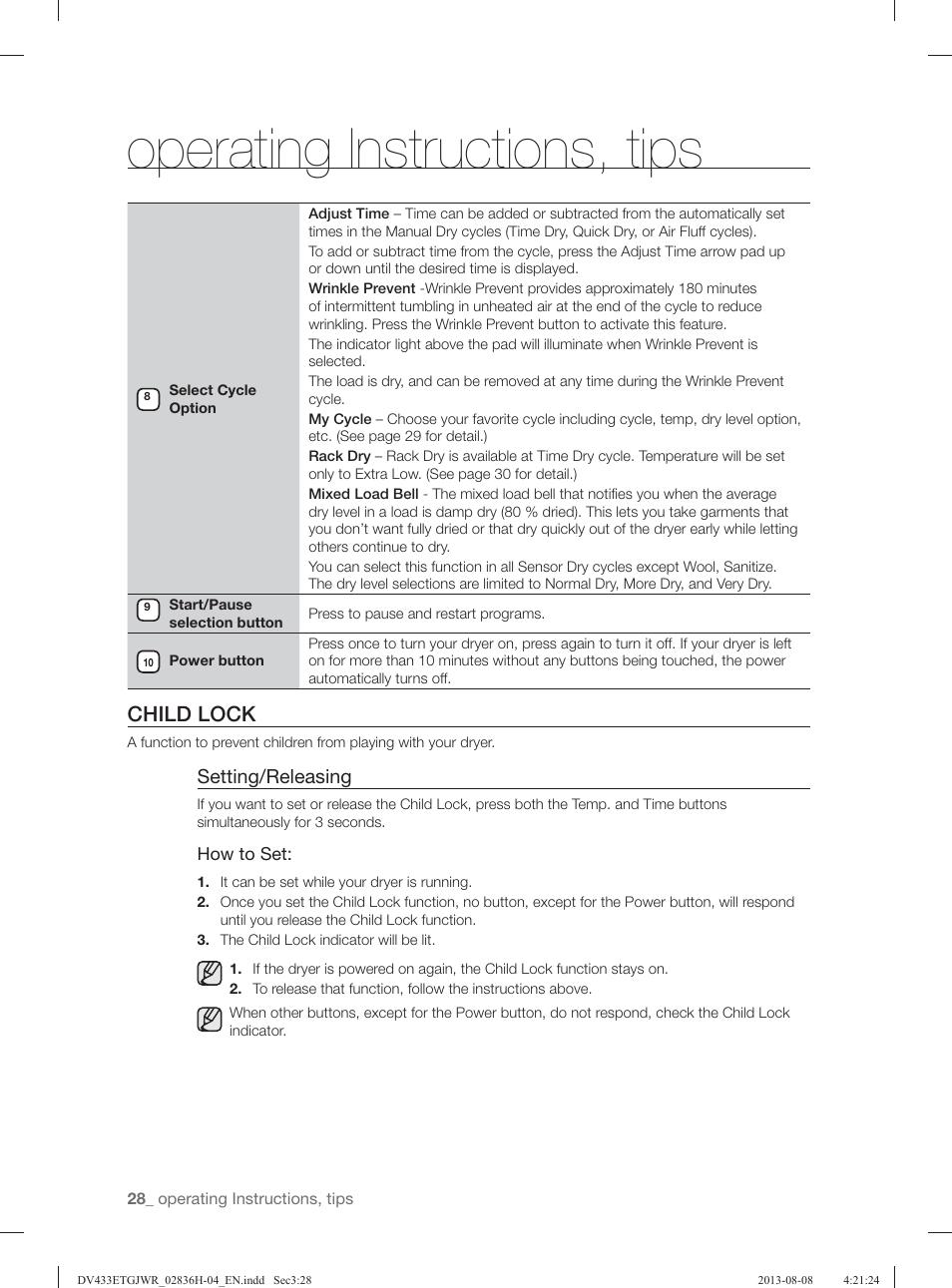 Operating instructions, tips, Child lock, Setting/releasing | Samsung DV433ETGJWR-A1 User Manual | Page 28 / 144