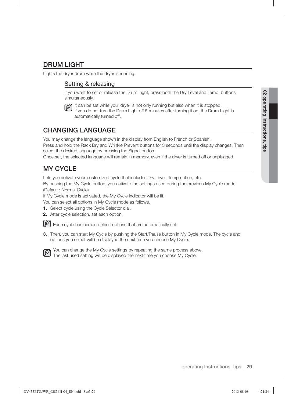 Drum light, Changing language, My cycle | Setting & releasing | Samsung DV433ETGJWR-A1 User Manual | Page 29 / 144